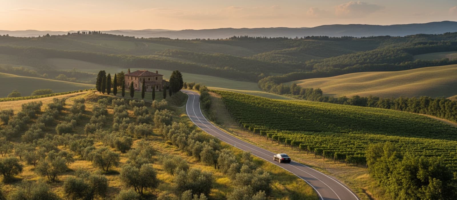 A car on a country road between vineyards and olive groves in the Chianti hills