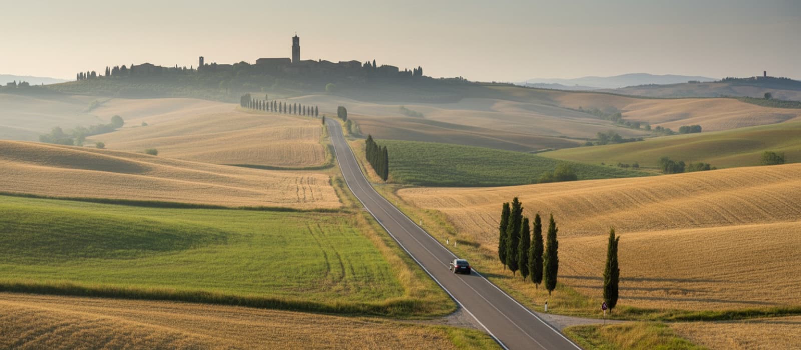 A car on a road across rolling Tuscan hills, with a hill town on the skyline