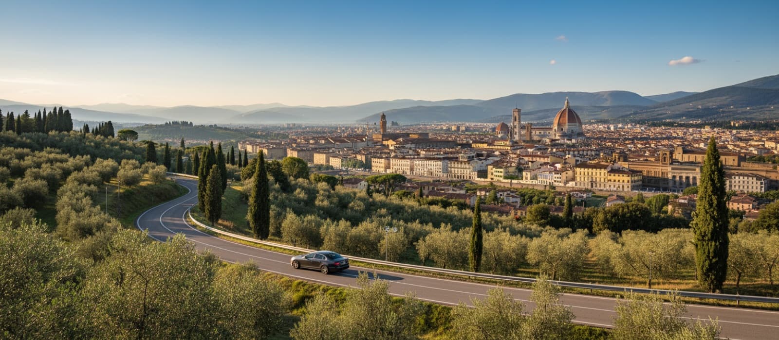 A car on a hillside road among olive groves, with Florence and its cathedral dome in the valley